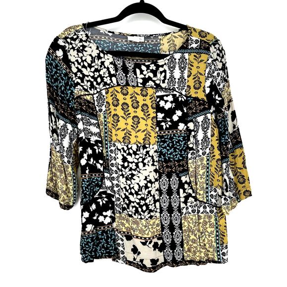 J Jill Top Womens LP Black Floral Patchwork Yellow Boho Cottage Flowy Bohemian - Picture 5 of 7